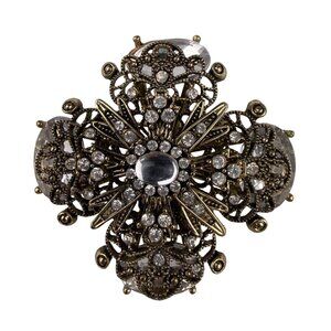 Vintage Gold Tone Rhinestone Filigree Cross Brooch Clear Crystals Ornate Jewelry